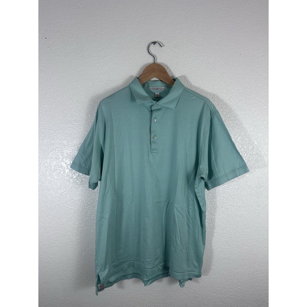 Peter Millar Crown Sport Polo Shirt Mens Medium Aqua Green Striped Cotton Golf